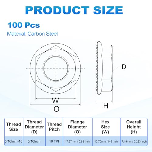 Kozelo 5/16-18 serrated flange hex nuts, zinc-plated carbon steel, 100-piece set