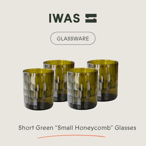 IWAS Upcycled Small Honeycomb Textured Drinking Glasses, Short, 8.45 oz / 250 ml, Set of 4 Olive Green Glasses, Handcrafted Sustainable Glassware Short 8.45 oz (Set of 4)