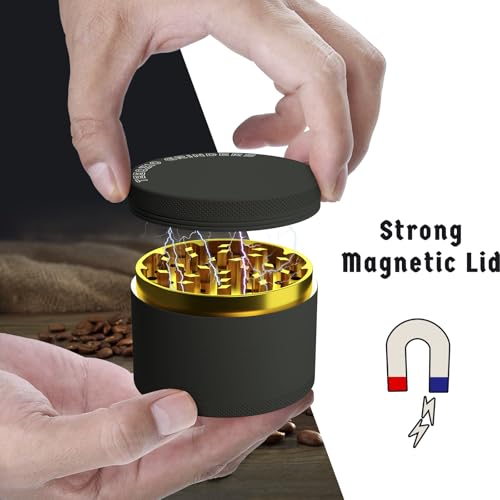 Herb Grinder Large Crusher Ø 75mm, Aluminum Alloy 4-Piece for Spice, Seasonings, Herb with Pollen Scraper & Brush (Black & Gold) Black - Ø75 - Al