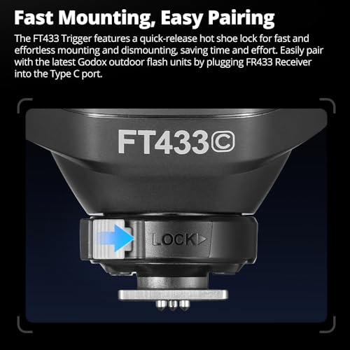 Godox FT433 S TTL Wireless Flash Trigger for Sony, 433MHz, HSS 1/8000s, 100m Range, LCD, 32 Ch, 1-99 ID, Front/Rear Curtain Sync, Bluetooth App Control, TCM, Single-Contact Rapid-Fire