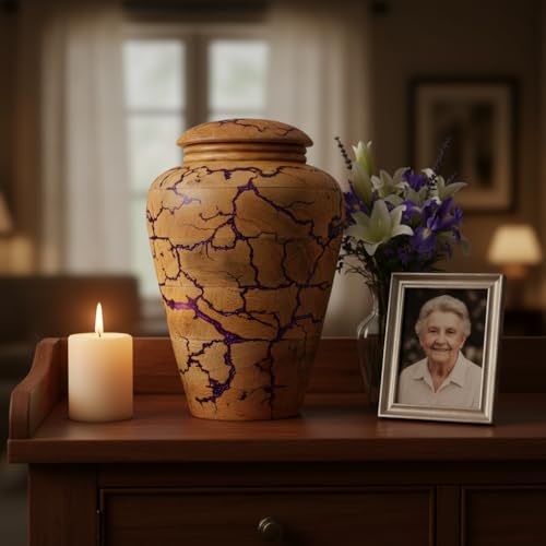Wooden Cremation Urn for Human Ashes Adult – Premium Handcrafted Funeral Urn Box for Burial, Funeral & Home Memorial | Durable Keepsake Memorial Urn with Purple Resin Accent, 30 cu in