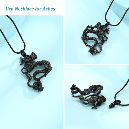 Dragon Urn Necklace for Ashes Cremation Jewelry for Women Men Stainless Steel Memorial Necklaces Ash Holder for Human Pets Keepsake Jewelry for Loved Ones with Fill Tool Black
