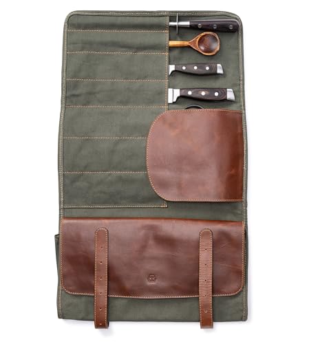 Angus Stoke XXL knife bag with 16 slots & plenty of space - multifunctional bag & tool bag made of canvas & leather - knives roll bag for chefs Marc (Olive-green) Olive-green