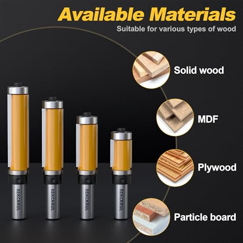 REKCKRUL 4-piece top and bottom bearing flush trim router bits set with 1/2-inch shanks