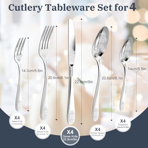 DRAGON RIOT 20-piece stainless steel flatware set for four, includes forks, knives, spoons, and serving utensils in silver finish.