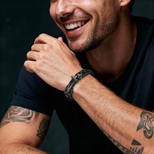 Mens Christian Bracelet, Cross Bracelet for Men, Gifts for Husband Dad Boyfriend Son, Engraved Bible Verse Jewelry, Stainless Steel Cross, Black Braided Leather Bracelets A - Black - Joshua 1:9 Standard - 8.3"