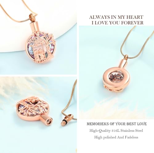 zeqingjw Tree of Life Urn Necklace Circle of Life Cremation Jewelry for Sisters Ashes Keepsake Funeral Memorial Ash Holder for Women Men Rose Gold-Purple