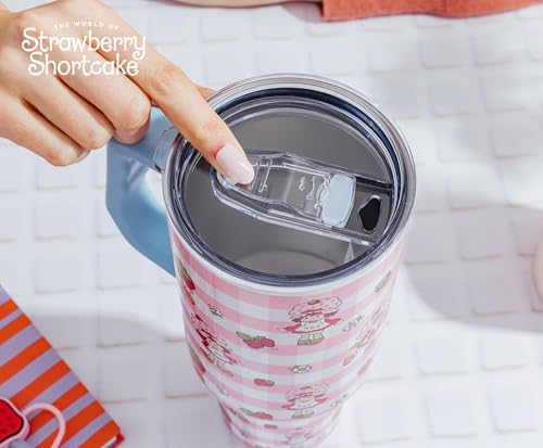 Silver Buffalo Strawberry Shortcake Pink Pattern Stainless Steel Travel Tumbler With Handle, Lid, and Reusable Straw | Holds 40 Ounces