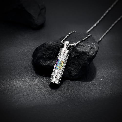 Rose Flower Urn Necklace Cylinder Bar Urn Necklace for Ashes Pendant Necklace Keepsake for Ashes Memory Keepsake Cremation Jewelry for Women Memorial Rainbow
