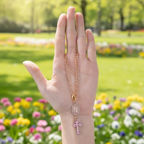 Rosary Car Charm Catholic Cross Virgin Mary Mirror Hanging Pink
