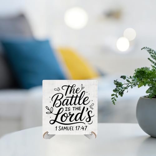 Inspirational Christian Desk Decor Wood Sign, Religious Gifts, Bible Scripture Desk Decorations Faith Based Gifts for Women Sister Friend Office Work Bedroom Home Decor Wooden Plaque With Stand Battle 742