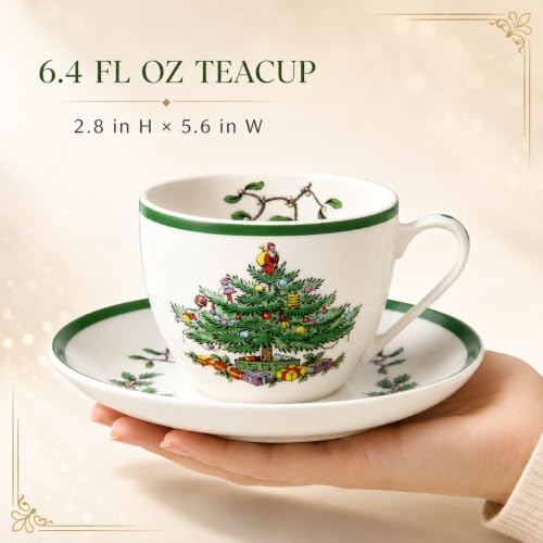 Spode Christmas Tree Teacup & Saucer Set, 7 Ounce, Made in England