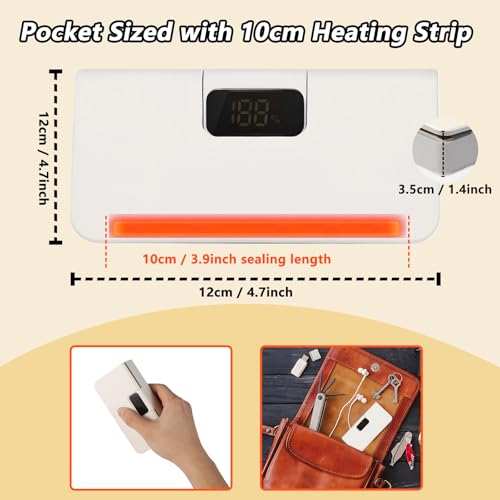 Mini Bag Sealer,Rechargeable Sealer Machine with LED Power Display,Heat Sealer and Cutter with 6 Adjustable Gears,Portable Bag Resealer for Chips Snacks Mylar Bags White