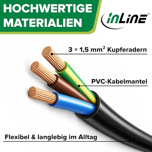 InLine Power Extension Cable 1 m for Devices with Protective Contact, Black | H05VV-F 3G1.5 mm², 16 A at 230 V, up to 3,500 W, increased touch protection, GS tested 1m