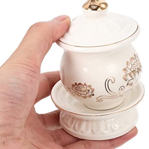 HOMSFOU 2 pack Buddhist Water Offering Cup Porcelain Temple Cup with Lotus Flower Design Buddhist Altar Teacup for Worship Rituals Home Decor 4.13 X 2.75 X 2.75 in