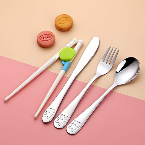 Stainless Steel Kids Utensils with Training Chopsticks | Toddler Silverware | Kids Silverware | Spoon + Fork + Knife + Chopsticks set | 4-12 Years+ | 20 Pieces | Dishwasher Safe | Multi Color Multi Color-5 Sets