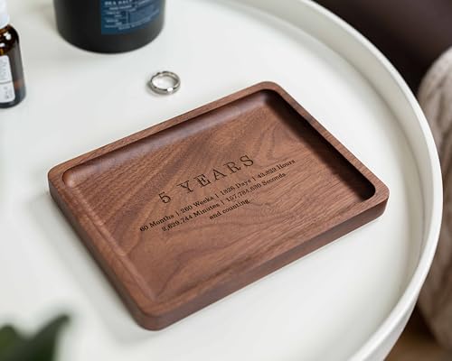MUUJEE Ring Dish - Engraved Rectangle Wood Tray Small Jewelry Dish 5 Year Wedding Anniv Gifts Ideas (Large - 7.25" x 5.25") 5 Year Large