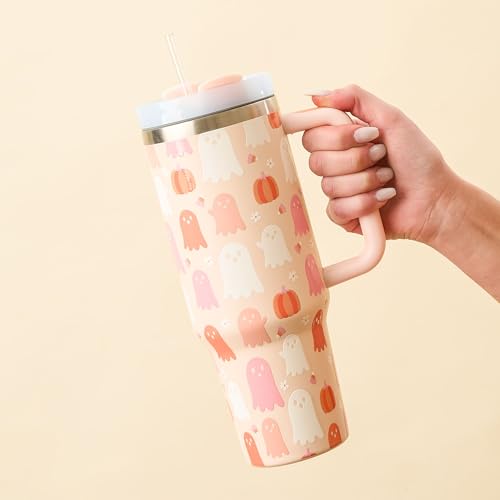 Halloween Tumbler with Lid and Straw Handle 40 oz Tumbler with Handle Insulated Stainless Steel Reusable Water Bottle Travel Mug for Water Hot Cold Iced Coffee Drinks (Pink White Ghosts) Pink White Ghosts