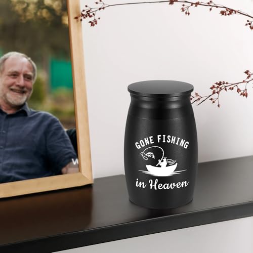 SOITIS Small Urns for Human Ashes - 2.76 Inches Black Aluminium Urn for Ashes Keepsake, Cremation Urns Memorial Holder, Funeral Sharing Decorative Urn for Women Men - Gone Fishing Mini Urn