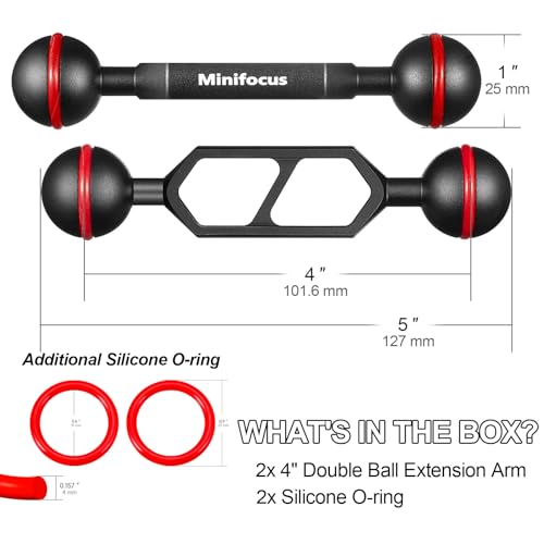 MINIFOCUS 4" Double Ball Aluminum Extension Arm, 1" Ball Head Connector Underwater CNC Arm System Ball Head Extension for Strobe/Video Light/Diving Camera Tray, Waterproof and Rustproof (2pack) 4" Extension Arm