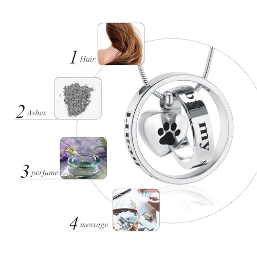 Forever in My Heart,No Longer by My Side Pet Cremation Jewelry for Ashes of Dog/Cat Funeral Keepsake Urn Necklace Paw Print Memorial Necklace Silver-Black Paw