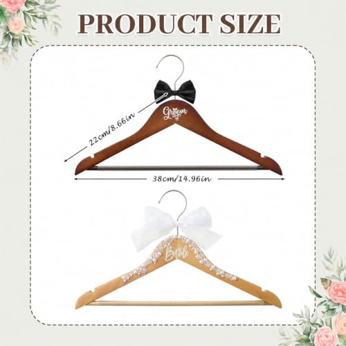2 Pack Bride and Groom Wedding Hanger Set, Wooden Bride Hanger for Wedding Dress, Elegant Wedding Dress Hanger with Pearls and Bow Tie