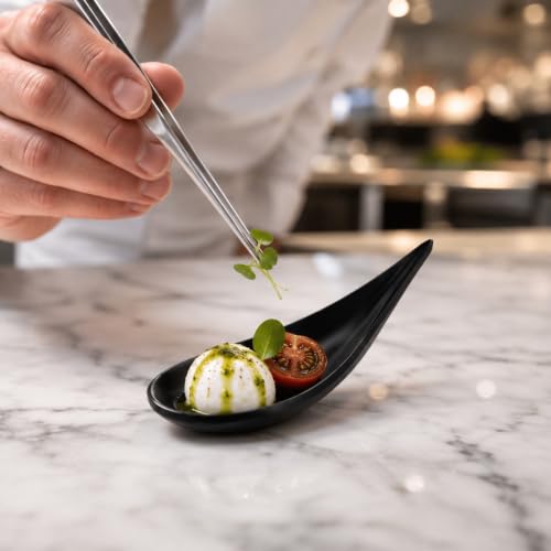 Set of 10 Restaurantware black melamine teardrop tasting spoons, 4.3 inches, ideal for desserts and tasting dishes.