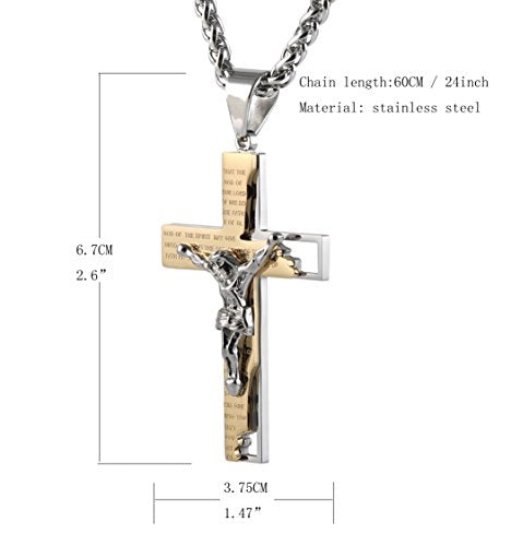 HZMAN Men's Stainless Steel Cross Crucifix Bible Prayer Pendant Necklace Jewelry Gift 22+2" Chain Gold