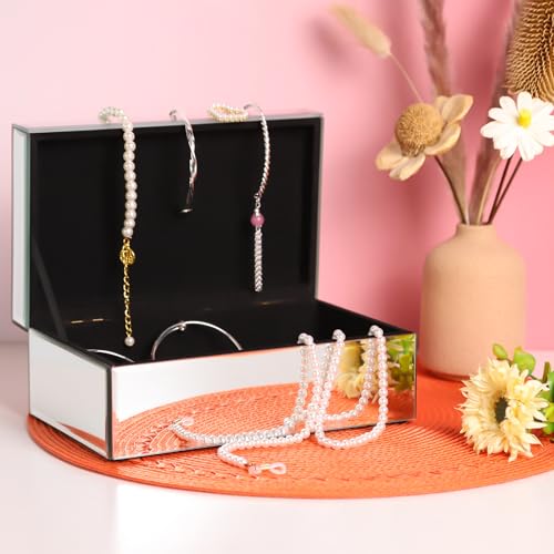 Luxury Mirrored Jewelry Box with Crushed Diamond - Glass Jewelry Box Organizer Storage for Women, Ring Holder Case for Dresser and Decorative Silver B