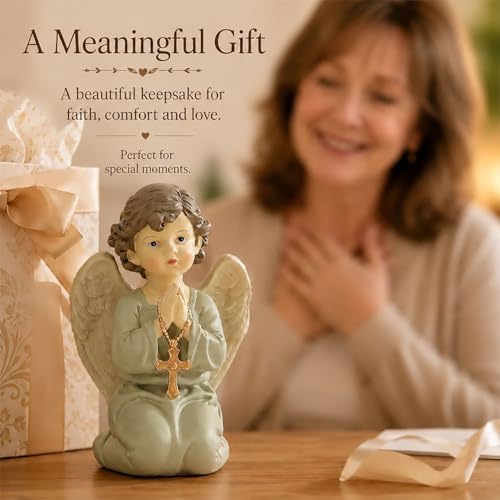 Praying Angel Figurine, Spiritual Gift with Cross, Christian Keepsake Kneeling Praying Angel with Cross