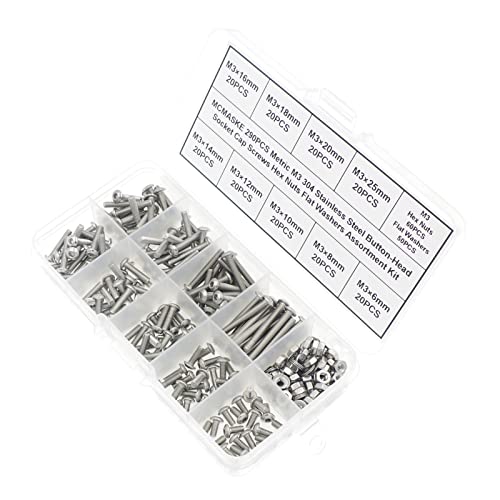 MCMASKE M3 304 stainless steel button-head socket cap screws, nuts and washers kit assortment