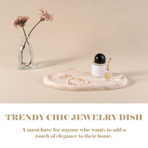 BCS Marble Jewelry Tray Trinket Dish, Decorative Cloud Vanity Key Tray for Women, Perfume Ring Holder Dish for Ring Earring, Cute Jewelry Plate Bowl Aesthetic Room Decor（Beige Travertine） White Travertine 9.36"L X6.24"W X0.7"H