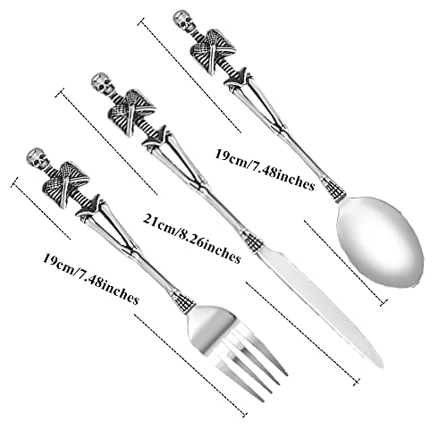 Skeleton Skull Silverware Set, LOYEH Stainless Steel Spoon Fork and Knife Flatware Tableware Design Modern Look Great Gifts For Halloween Easter and Christmas (SKULL - 3 IN ONE) Silver Skeleton Design 3 in 1