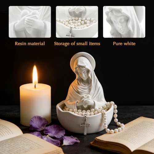 Virgin Mary Statue Rosary Holder, Blessed Mother Resin Relic, Catholic Gift