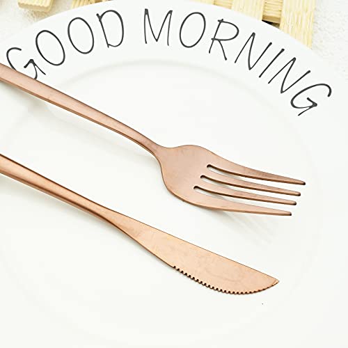 Matte Silverware Set, 24-Piece Satin Finish Stainless Steel Modern Flatware Set Service for 6, Flat Handle Cutlery Set for Home Wedding Gift-Rose Rose Gold