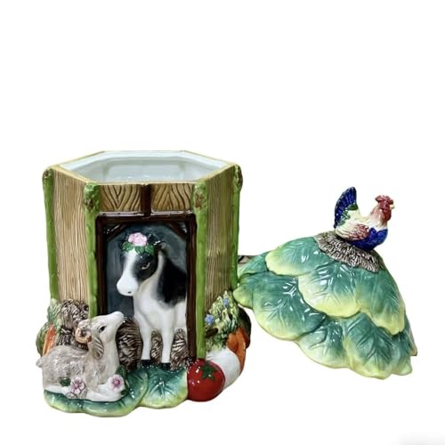 Farmhouse Cow & Rooster Cookie Jar, Rustic Farm Animal Kitchen Canister, Decorative Biscuit Storage Container for Countertop