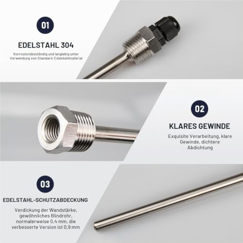 2x Immersion Sleeve 1/2 Inch Stainless Steel for Temperature Sensor and Temperature Sensor | Robust protective tube (8 x 150 mm), waterproof G1/2 connection, ideal for solar thermal, water tank or heating systems