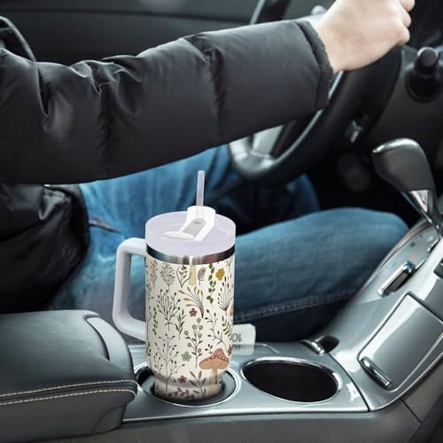 30 oz Tumbler with Straw & Handle - 2 in 1 Lids Leak Proof Tumblers - Large Insulated Stainless Steel Cup - BPA-Free Water Bottle Travel Metal Mug for Women Man, Cute Boho Mushroom Botanical Mushrooms Botanical Mushroom 30 Ounces
