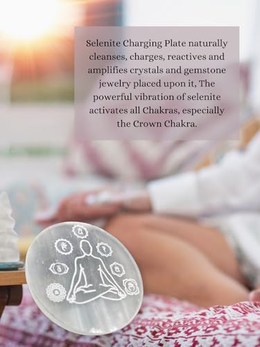 Selenite Crystal Charging Plate for Crystals and Healing Stones, 4" Selenite Crystal Plate Engraved Buddha Yoga Coaster for Home Office Table Decor Buddha (Yoga) Round