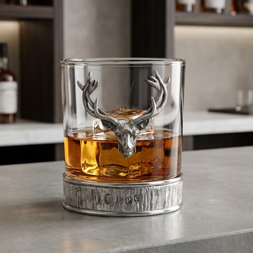 English Pewter Company 11oz Old Fashioned Whisky Rocks Glass With Stag Deer Head Antler and Pewter Base [STAG203]