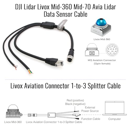 SZRMCC Livox Mid-360 Cable M12 Pin Female Aviation Plug 3 in 1 Splitter Data Sensor Cable for DJI Lidar Livox Mid-360 Mid-70 Avia Lidar (Straight 12 pin, 1m) Straight 12 pin