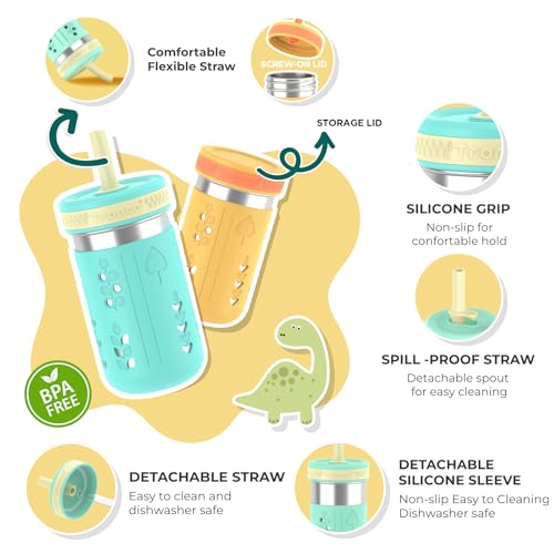 Tronco 4 Pack 15oz 2-in-1 Stainless Steel Kids Tumbler Cups with Silicone Sleeves, Spill-Resistant Flexible Straws & Storage Lids, BPA-Free Smoothie and Snack Cups, Dishwasher Safe Sea foam Green,Sky Blue,Mango Yellow, Orange Pack of 4