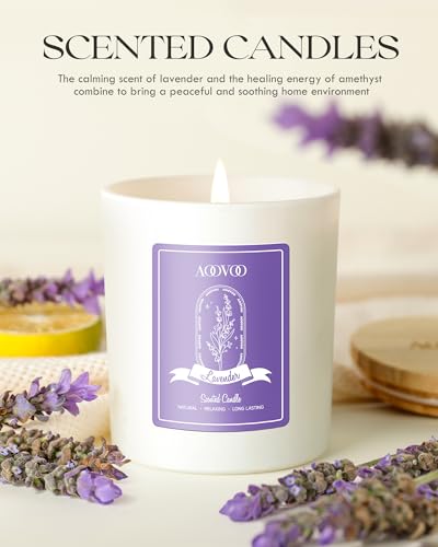 AOOVOO Lavender Scented Candles for Women - Aromatherapy Candle with Crystals Inside, 10oz Soy Candles for Home Scented, Birthday Gifts Mothers Day Candle for Women Mom Lavender Candles