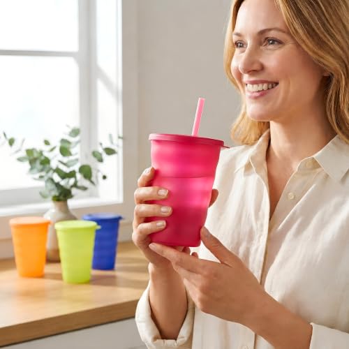 Tupperware Brand Impressions 16 oz Tumblers - Set of 4 - Dishwasher Safe & BPA Free - Mess-Free Reusable Plastic Cups with Lids