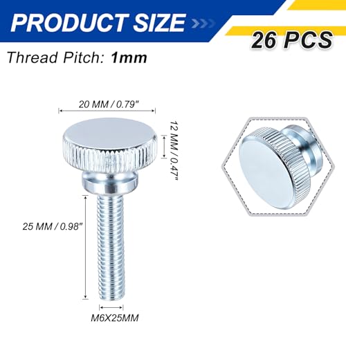 BOLTALIVON M6x25mm knurled thumb screws, zinc-plated silver and blue, 26-piece set