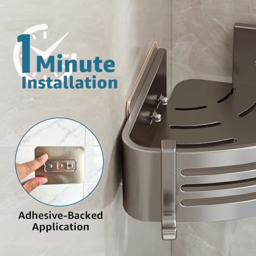 Grey 2-tier adhesive corner shower caddy by Pesnftr, aluminum bathroom storage shelf with no drilling needed.