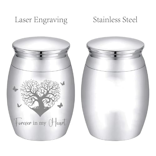 CREATCABIN Small Tree of Life Urn Forever in My Heart Urn Silver Metal Alloy Human Pet Memorial Butterfly Cremation Ashes Keepsake Holder Container with Bag Spoon Cloth for Funeral Burial 1.6" x 1.2"