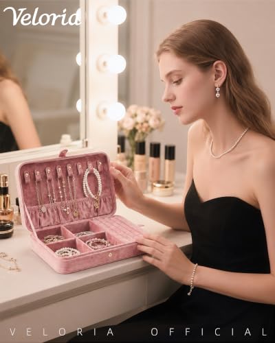 VELORIA Travel Jewelry Organizer with Hidden Compartment, Rose Pink Velvet