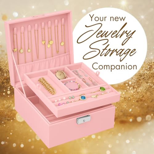 Prestige & Fancy 2 Layer Jewelry Box Organizer for Men, Women & Girls 8.5 x 7.5 x 3.3 in | PU Leather Pink Jewelry Storage Organizer | jewelry storage box for Rings, Necklace & Bracelets