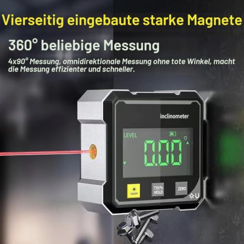 Digital Protractor with Laser, 4-Sided Magnetic Digital Spirit Level, Inclinometer Digital with LCD Display, IP54 Waterproof, Electronic Spirit Level for Woodworking, Construction, Decoration
